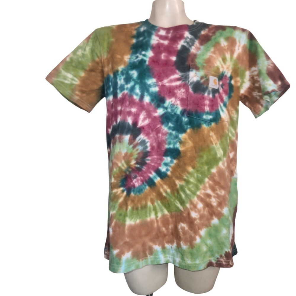 Carhartt Tie Dye Pocket T-Shirt  Medium Original Fit Green Brown‎ Spiral Swirl